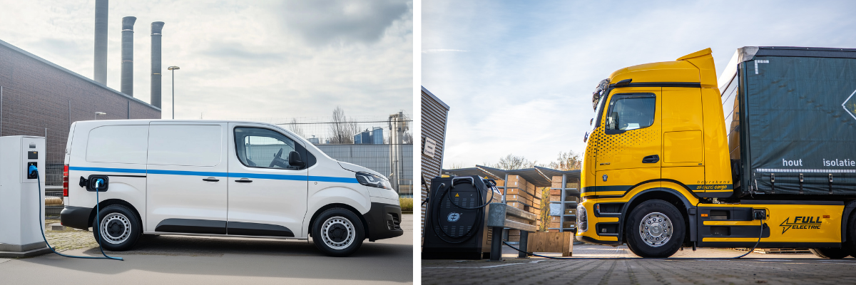 Elektrische bestelwagen en truck aan oplader