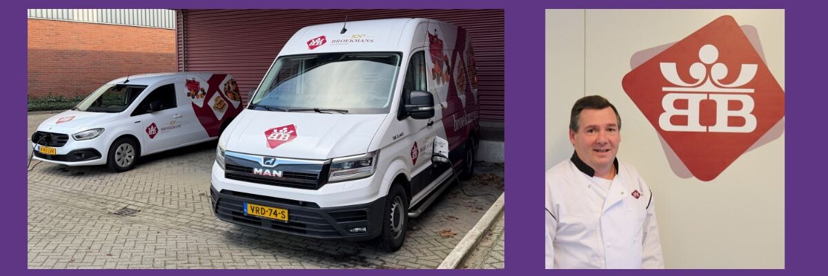 Headerbeeld twee elektrische bestelwagens Patisserie Broekmans en eigenaar Geert Broekmans